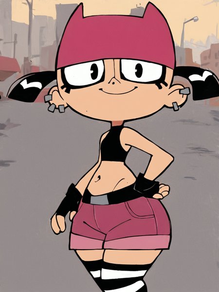 <lora:TiffPony1.0:0.8> tiff, 1girl, black hair, mascara, ear piercing, short hair, short twintails, solo, smile, pink cat hat, black eyes, black crop top, black fingerless gloves, navel, pink shorts, striped thighhighs, standing, looking at viewer, score_9, score_8_up, score_7_up, score_6_up, score_5_up, score_4_up, outdoors, hand on hand on own hip, short,short stack,