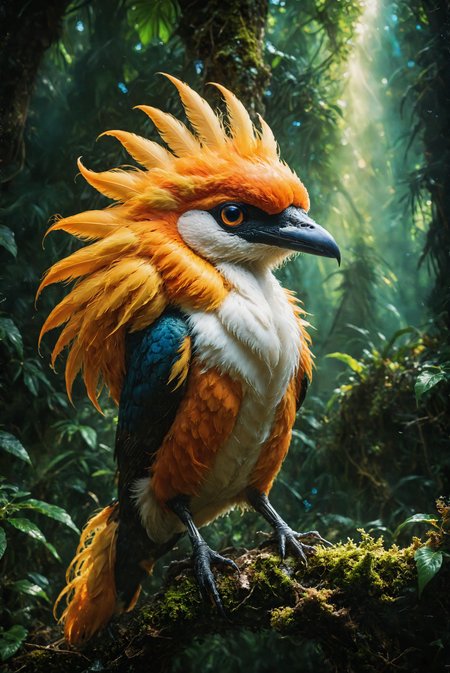 An extraordinary bird-of-paradise perches on a branch of a tree, representing an undiscovered species. Its plumage dazzles in vibrant shades of orange and yellow and white, with distinctive protruding feathers atop its head. The bird's presence exudes an air of mystery and allure, embodying the beauty of undiscovered biodiversity.
photography, Natural geographic photo, Hyper-realistic, 16k resolution, (masterpiece, award winning artwork), many details, extreme detailed, full of details, Wide range of colors, high Dynamic,
<lora:CBS_novuschroma37 style_b:1> novuschroma37 style, style of holga photography, light leaks, double exposure,  <lora:DetailMaximizer:1> <lora:SDXLFaeTastic2400:1> Faetastic <lora:TheWeirdies_V2:0.9> theW3iRDi3Sv2