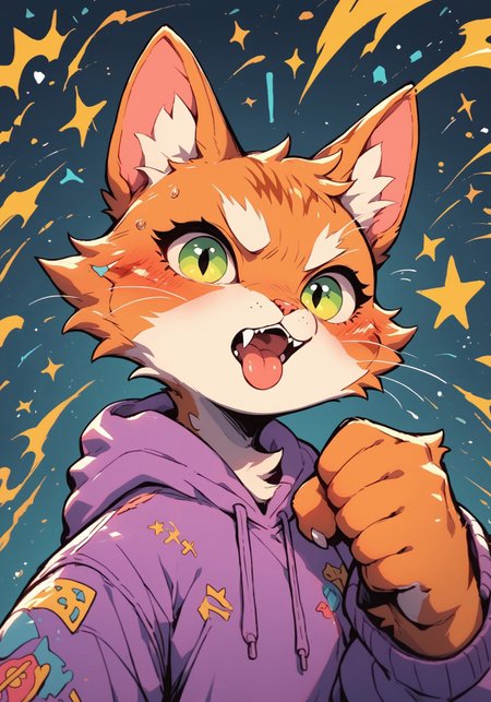score_9, score_8_up, score_7_up, score_6_up, score_5_up, score_4_up, futuristic art, cat wearing a purple hoodie, (orange tabby cat), fur, furry, solo, fist up, fangs, tongue, (from below), abstract background, pathtracing, layered photon mapping, c0l0urc0r3, cute, bright colours