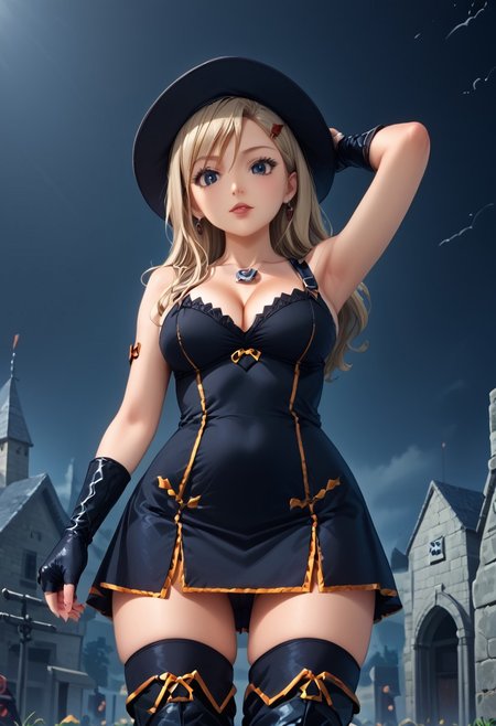 Very detailed pic, View from below, detailed hands, Rebecca Bluegarden, Big breasts, solo, breasts, hat, gloves, fingerless gloves, cleavage, dress, thighhighs, black dress, black headwear, large breasts, armpits, medium breasts, short dress, black gloves, realistic, looking at viewer, LatexOutfit, cemetery background, graves, pumpking, bats