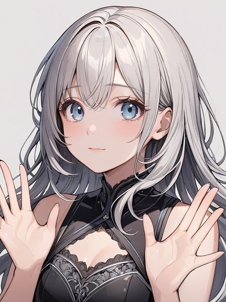 masterpiece,ultra-detailed,best quality,8K,illustration,cute face,clean skin ,shiny hair,girl,ultra-detailed-eyes,simple background, <lora:add-detail-xl:1> <lora:refusing pose_XL_V1.0:0.7> refusing pose,hands up,upper body