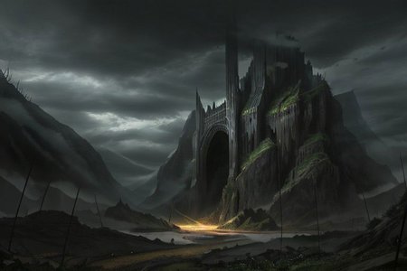 Dystopian
Watchful elves
Dark, protective clothing
Bows and arrows
Sorrow and caution
Dark cave entrance
Menacing, enchanted forest
Heavy, clouded sky
Merging shadows
Imminent danger
Bare trees
Ominous silence
Weak light through clouds
Tense atmosphere