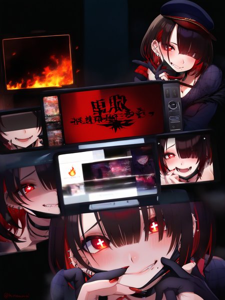 Masterpiece, Best Quality, Best Score, Best Anatomy, extremely detailed clothing, 
 <lora:[Ikezaki Misa] Assorted Artworks Omnibus Style IllustriousXL:1>mask pull, red eyes, 1girl, mouth mask, red nails, looking at viewer, hair over one eye, black hair, earrings, heart-shaped pupils, symbol-shaped pupils, jewelry, ear piercing, short hair, black mask, nail polish, parted lips, smile, television, brown hair, blush, phone, cellphone photo, biting own lip, fang, black gloves, hat, + +, surgical mask, black choker, multicolored hair, open mouth, fire, virtual youtuber, cleavage, red hair, breasts, mole under mouth, screen, streaked hair, closed mouth, hands on own face, multiple views, hands on own cheeks, grin, teeth