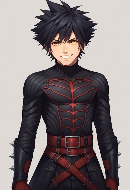 score_9, score_8_up, source_anime, highly detailed, 1boy, solo, male_focus,
vanitas, solo, 1boy, male focus, spiked hair, black hair, yellow eyes, boots, belt, knee boots, gloves, bodysuit, grin, upper body,