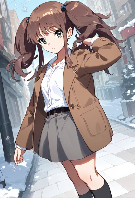 score_9,score_8_up,score_7_up,source_anime,zPDXL3,snowflakes falling,snowflakes falling gently,nighttime glow,street,tree,
*//*,<lora:OkamotoMiyu-v1.0:1.1>,okamotomiyu_wug,1girl,solo,twintails,brown hair,long hair,hair bobbles,green eyes,black socks,white shirt,open clothes,grey skirt,miniskirt,open jacket,brown jacket,
*//*,looking at viewer,cowboy shot,dutch angle,