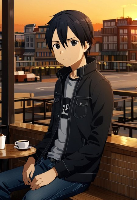high resolution, professional photography, best quality, 1Boy, Kirigaya Kazuto, Black Hair, Black Eyes, overalldetail, cafe, corner, sit, soffa, casual outfit, coffee, waiting, warm building, sunset