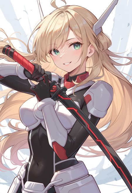 (score_9:0.9),score_8_up,score_7_up,rating:explicit,anime_style,(zPDXL),<lora:Sky striker ace - raye ponyXL v4.1:0.7>,sky striker ace - raye,battle bodysuit,armor gloves,headgear,breastplate,armor skirt,holding black katana,1girl,solo,looking at viewer,upper body,light smile,weapon,