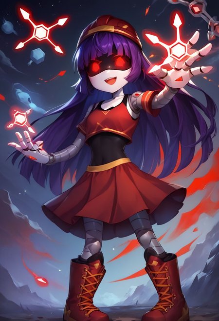 score_9,score_8_up,score_7_up, ASCII,masterpiece,
MD-Doll,android, robot, joints, mechanical_arms, mechanical legs, long purple hair, hollow eyes, red pixel eyes,red crop top, red skirt, black tank top, red boots, red dress, casting spell, magic, glowing hand,red helmet,dinamic pose,