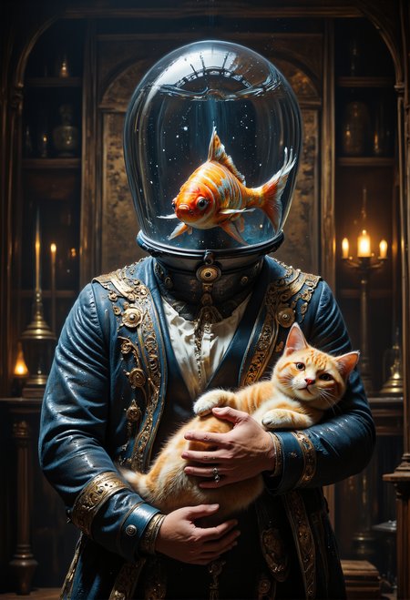 Create a hyper-realistic portrait of a man dressed in 18th-century men's attire. He wears an elaborate, ornate waistcoat with intricate patterns, a ruffled cravat, and a classic tricorn hat, all crafted from rich fabrics with exquisite detailing. However, instead of a human head, he has a glass fishtank for a head. Inside the tank, a graceful koi fish swims, its vivid orange and white scales contrasting with the opulence of the manâs attire.  The man is gently holding a big cat with both hands, cradling it close to his chest. The cat appears calm and poised, adding a curious, almost playful element to the otherwise formal composition. The portrait is captured in ultra-high detail, with 16k resolution, showcasing every delicate stitch, texture, and reflection on the fishtank. The dynamic lighting enhances the wide range of colors, bringing out the richness of the fabrics and the iridescent glow from the fishtank. The overall composition is a masterpiece, blending historical elegance with an unexpected, surreal twist, full of intricate details and a striking, modern artistic vision. <lora:flux_vividizer.safetensors:0.6>,  <lora:aidmaMJ6.1-FLUX-V0.1.safetensors:0.5>, <lora:artisketchyfs-v02.safetensors:0.75>,   <lora:fishtank-head-flux-000027.safetensors:1.0>,  <lora:- Flux1 - soothing_atmo_V2.0.safetensors:0.2>,