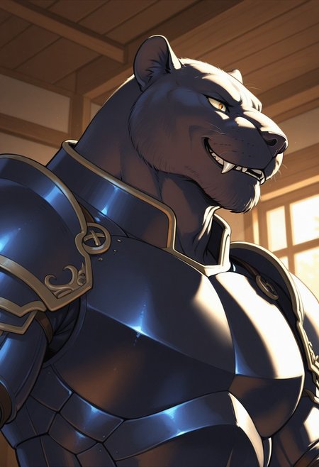 masterpiece,best quality,amazing quality, (male, antro: 1.4), 
BREAK 
( muscle, tall, barazoku, bara, facial hair, old, mature (smile, Sharp fangs, close up, high, angle ) :1.1)), (1boy, solo,(male only) anthro, ) 
BREAK 
(male: panther, black panther )), armor, full armor
BREAK 
indoors,
