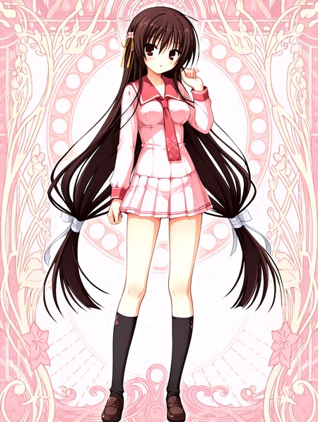 <lora:sakuyahime-tenshin-000009:1>,il-unohana-sakuya,1girl,schoolkamiseara,red eyes,school uniform,brown hair,necktie,solo,pink serafuku,red sailor collar,very long hair,sakura flower yellow hair ribbon,black socks,pleated skirt,brown loafers,
<lora:add-detail-xl:1>,<lora:ponyv4_noob1_2_adamW-000017:0.8>,wear clothes,