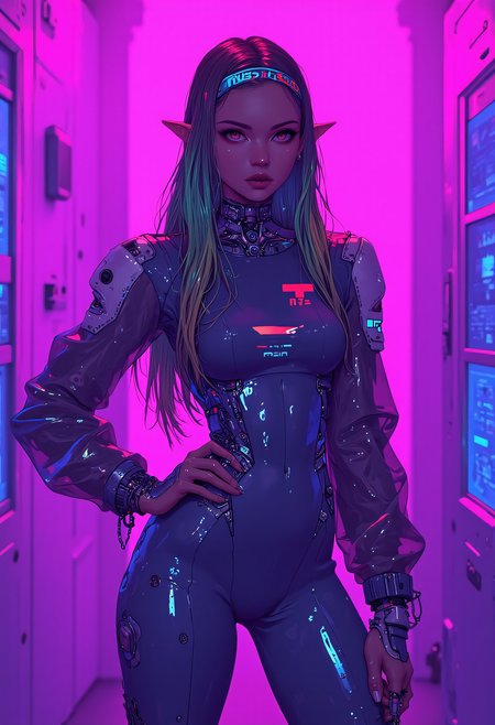 (masterpiece:1.3), (hires, high resolution:1.3), subsurface scattering, ambient occlusion, bloom, detailed background, extremely detailed, dark, 4byss, hattiezazu, digital art, soft light, cyberspace, (iridescent purple background, "nussTech" ad-screens), Soft focus, Soft lighting, anime, cyberpunk standing, oner hand on hip, seductive, single girl, female cyborg, ("nT" brand, cyborg implant limbs:1.2), metal choker, headband, ("nT" brand, clear pvc catsuit:1.2), (elf ears:1.2), boobs, perky nipples, (long hair, wavy, red, blue, green, gradient hair:1.3), black lipstick, (seductive:1.2), freckles,  <lora:FLUX - Cyberpunk Anime Style:1> <lora:FLUX - Surreal_Photo (Glitter):0.5>