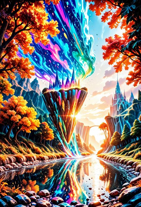 SmoothNoob_Quality, nature, (sunlight), river, floating palace, beautiful and delicate water, (bloom), (shine), colorful, dynamic vivid colors, panorama, landscape, Colorful portraits, dynamic lighting, Natural atmospheric lighting, elegant