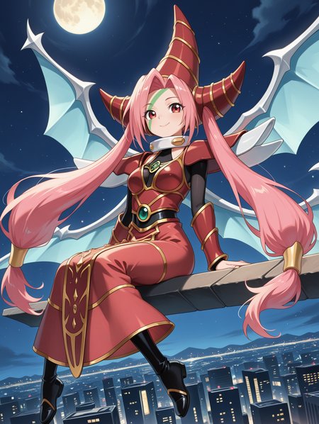 T.G. Wonder Magician, 1girl, solo, twintails, smile, full moon, flying, full body, cityscape, sitting, green facial mark, black bodystocking, dragon wings, gold hair tubes, red dress, red gauntlets, red wizard hat, black thigh boots, red shoulder armor,
masterpiece,best quality,amazing quality,very aesthetic,apussbsurdres,newest,<lora:T.G. Wonder Magician illuXL v1:0.7>,