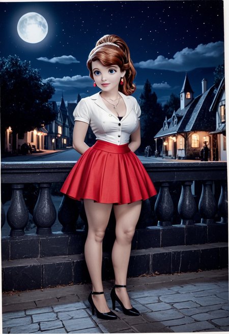 18 years old,medium breast, modest suit, skirt suit, dark red skirt, fitted skirt,at village,high quality, 8k,best quality, HD, sexy pose, 1girl, red earrings, short sleeves, huge cleavage, microskirt, high heels, night sky, night, full moon, cabcard,sepia,monochrome,sofia_the_first, brown hair, blue eyes, ponytail,necklace