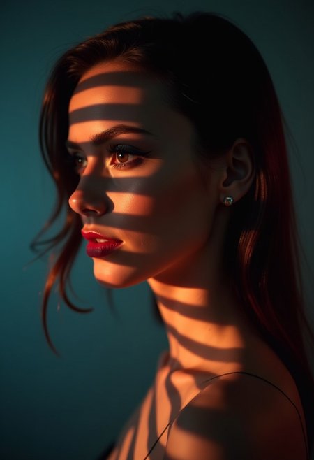 cinematic film still of 
A cucoloris patterned illumination casting a a unique custom small triangle shape shadow on a modeling woman with a black and white image of her face, casting shadow style, shallow depth of field, vignette, highly detailed, high budget, bokeh, cinemascope, moody, epic, gorgeous, film grain, grainy