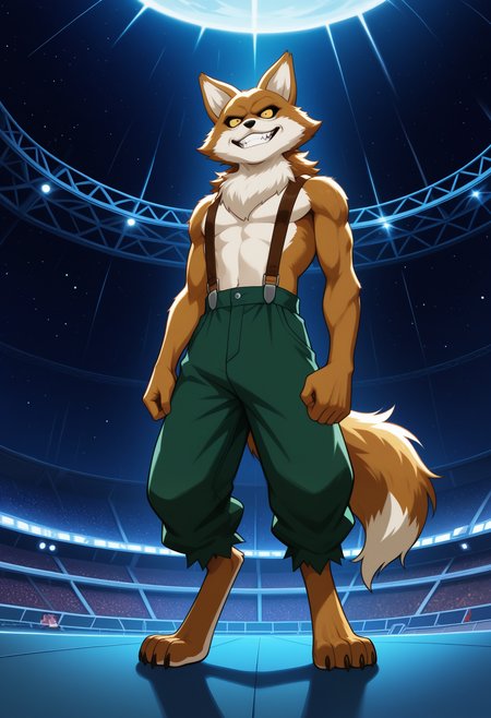 masterpiece,best quality,amazing quality, 1boy, solo, l4v3nd3r, fox boy, brown fur, colored sclera, brown suspenders, green pants, tail, full body, evil smile, battle arena, space,