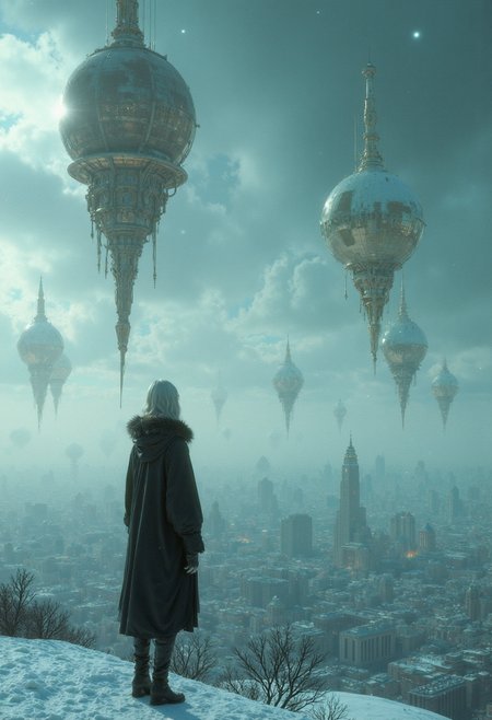 　　In a vast, silent sky above a sprawling, abandoned cyberpunk metropolis, a series of bronze liquid metal sculptures hang suspended, their forms frozen mid-transformation by an unknown force.  Their once-fluid surfaces are now covered in a layer of frost, reflecting the pale moonlight and the distant, twinkling stars. The city below is shrouded in a blanket of snow, its once-vibrant neon lights now extinguished, leaving behind a haunting silence. 

Standing on the edge of a snow-covered rooftop, a cyborg woman with flowing, silver hair gazes upward, her eyes fixed on the frozen sculptures.  Her once-bronze body, now covered in a layer of frost, reflects the stillness of the city around her.  She wears a heavy, fur-lined coat over her patched-up clothing, her breath misting in the freezing air. 

The environment is bathed in a cool, ethereal moonlight, the snow reflecting the faint light of the stars. The overall mood is one of quiet solitude, frozen in time, a poignant reminder of the city's bustling past now silenced by an unknown force. The color palette is dominated by cool blues, grays, and whites, punctuated by the faint bronze gleam of the frozen sculptures.

The image is hyper-detailed, capturing the intricate textures of the frozen liquid metal sculptures, the frost-covered cyborg and cityscape, and the delicate snowflakes falling silently from the sky. The scene is both beautiful and eerie, with a cinematic lighting that enhances the post-apocalyptic, cyberpunk atmosphere, creating a haunting portrait of a cyborg frozen in time amidst the ruins of a forgotten city.