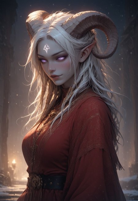 (absurdres, best quality, masterpiece:1.4), score_9, score_8_up, score_7_up, score_6_up, detailed, detailed body, detailed face, world of warcraft, fantasy, <lora:add-detail-xl:1.5>, 

fFaceDetail, ((female, draenei, tall, athletic arms, pale white skin, long white hair, purple eyes, no sclera, long white tail), (h0rns, ram horns, white horns), 
(long fingers, gold fingernails, gold nail polish)), 

alone, upper body, standing, looking toward viewer, soft smile,

Red santa dress with a white fur trim, red santa hat with a white fur trim, black belt with a gold buckle, black knee high boots, White thigh high socks

depth of field, evening, outdoor, harbour, snowing, light snow
