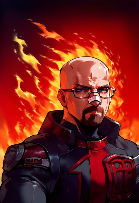 score_9, score_8_up, score_7_up, STYLES | PONY & ANIMAGINE, black hat
   , masterpiece, beautiful, upper body, front view, band aid on nose,black hat,
,walteruwaito,Middle-aged man, bald, Glasses, power pose, cold look,bear,Spdshadowranger, black armored suit, red and silver accents, metallic chest armor, bold "100" design, angular shoulder pads, black gloves with red cuffs, silver belt with red buckle, holster with weapon, ,anime art style, desert background,flip flip phone,sheath, katana,  fire background, desert