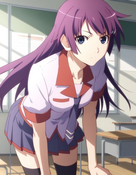score_9, score_8_up, score_7_up, source_anime,
hitagisenjougahara, <lora:hitagi-senjougahara-anime-ponyxl-lora-nochekaiser:1>,
senjougahara hitagi, bangs, long hair, blue eyes, purple hair,
skirt, thighhighs, school uniform, necktie, black thighhighs, zettai ryouiki, naoetsu high school uniform,
indoors, classroom, bent over,
looking at viewer, cowboy shot, dutch angle,