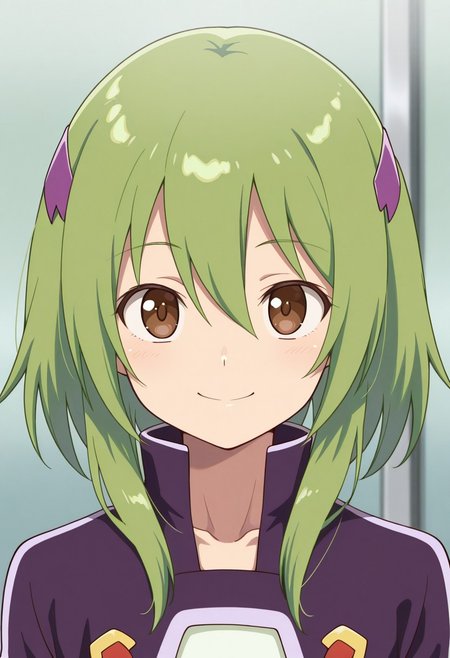 masterpiece,best quality,amazing quality, source_anime, 
FutabaTsukasa, 1boy, male focus, solo, brown eyes, green hair, hairband, collarbone, white shirt, purple jacket, cropped jacket, portrait, smile,
