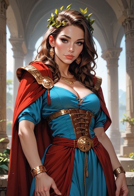 Stable_Yogis_PDXL_Positives, (score_9), score_8_up, score_8, score_7_up, score_7, score_6_up, score_6, score_5_up, Score_5, mythp0rt, (1girl, solo, mature female, adult), (looking at viewer), medium lips, puffy lips, parted lips, beautiful, cutest girl in the world, pale skin, mature female, adult woman, (dark-brown hair), (long hair),
fit body, slender body lines, narrow waist, slender body,
(fantasy style), (ancient rome style), (gold laurel wreath), (long blue tunic, cleavage),  (belts), (brown underbust corset), (tattered red cloak), (shoulder armor), ((flowy cloak)), 
standing, ((slutty pose)), breathless intimacy, textured skin, leggings, petite model bombshell, delicate features, narrow pointy nose, tiny nose, lust, big eyes, seductive eyes, detailed skin, flared lashes, mascara, makeup, breasts, athletic body, narrow waist, wide hips, ((tiny waist)), (closed mouth), slender figure, sensual gaze, 
warm light, detailed, two arms, good hands, vox machine style, 1girl, female focus, solo, portrait, Ancient Rome background, fantasy, (dynamic lighting:1.1)
((masterpiece))