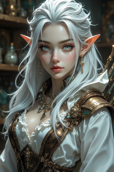 A close-up shot of a female elven archer with white hair cascading over her shoulders, silver eyes that reflect wisdom and strength, and pale gray-white skin. She wears meticulously detailed attire, adorned with luxurious accessories and exquisite jewelry that highlight her noble origins. Her sharp eyes and determined expression convey an aura of unwavering focus. The setting is a richly decorated weapon shop, filled with finely crafted weapons and ornate artifacts. The scene is captured in a hyper-realistic, dreamy fantasy style, with enhanced sharpness and vibrant details that bring out the elegance and intensity of the character.
<lora:Midjourney_-_SemiReal_Dreams_FLUX_LoRA:0.85>
<lora:FluxDFaeTasticDetails:0.6>
<lora:edgy_fashionista_flux_ntc:0.75>
<lora:bokeh_flux_ntc:0.75>