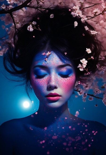 This image is a highly detailed digital artwork featuring a surreal, dreamy portrait of a woman's face, rendered in a hyper-realistic, yet fantastical style. The subject, a woman with dark hair, has her face partially obscured by a cascade of cherry blossoms in various stages of bloom, from closed buds to fully opened flowers. Her skin is painted with a subtle, almost ethereal glow, and her face is adorned with splashes of bright red and pink paint, which add to the surreal nature of the artwork. high-definition photograph
The woman's facial features are serene and melancholic, with a closed mouth and half-closed eyes, suggesting a sense of quiet contemplation or perhaps sadness. Her eyes are obscured by the flowers, but the overall expression is subtle and introspective.
The background transitions from deep, dark blues at the bottom to a gradient of warm, glowing colors towards the top, suggesting either sunrise or sunset. The cherry blossoms appear to be floating or merging with her hair, which is also adorned with the flowers, creating a surreal, ethereal effect. The overall color palette blends deep blues, purples, and warm oranges, evoking a sense of peace and quiet longing.