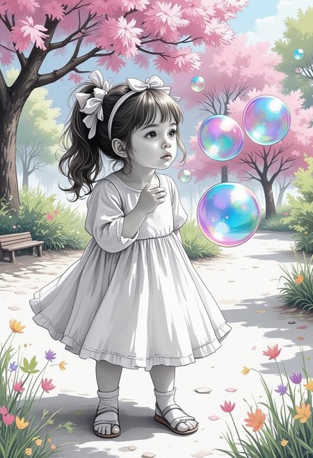illustration, watercolor, Pastel
black and white image of a cute chibi manga girl blowing soap bubbles in a park, lots of soap bubbles are transparent and cosmic color and very colorful with many colors in very smooth gradience, image from above, focus on the soap bubbles, bold and powerful camera work