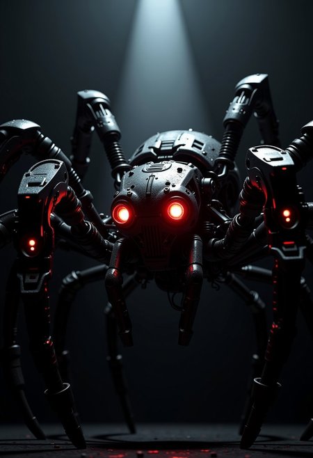 silhouette art, chiascuro, a_skynet_cyberdyne_systems_craft, the image is  featuring a huge, futuristic, highly advanced robotic spider, with glowing red robot eyes, adorned with intricate, metallic details, including bolts, wires, and mechanical components, giving it a highly advanced, industrial look, with glowing red diodes and LEDs, black background, in darkness, illuminated by a directional shaft of light
