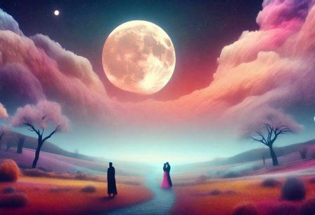 Man woman landscape. full moon  colours ,Outcast ,, 8k , tilt shift, surreal lowbrow art style,