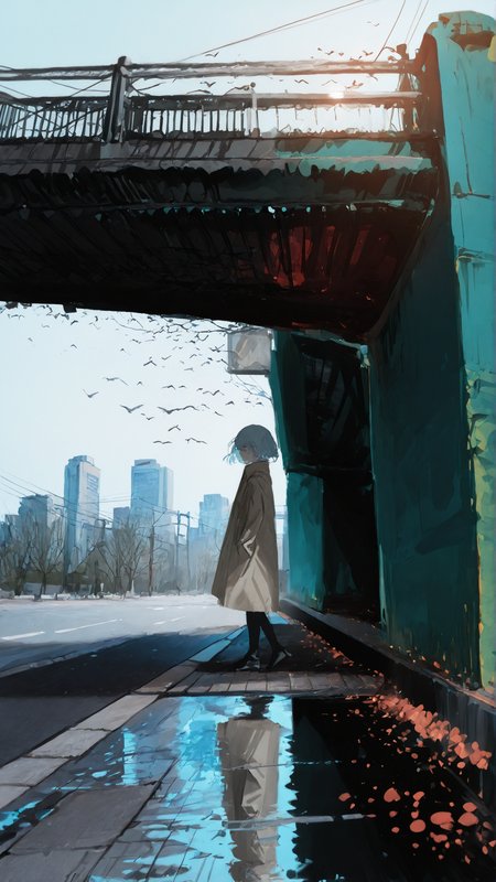 masterpiece, newest,absurdres,incredibly absurdres, best quality, amazing quality, very aesthetic, simple light blue background, 
1girl, simple bird,  sidewalk, nature, scenery, cityscape, BREAK BREAK lone woman,  trench coat, sidewalk, BREAK metalic bridge, red metalic bridge, from below, gigantic bridge, (under bridge:1.5)
<lora:pikus0n_illu:1> pikus0n_style, sketch <lora:ZumiZumi:1> zum1_style <lora:KonYa666:1> kony4666