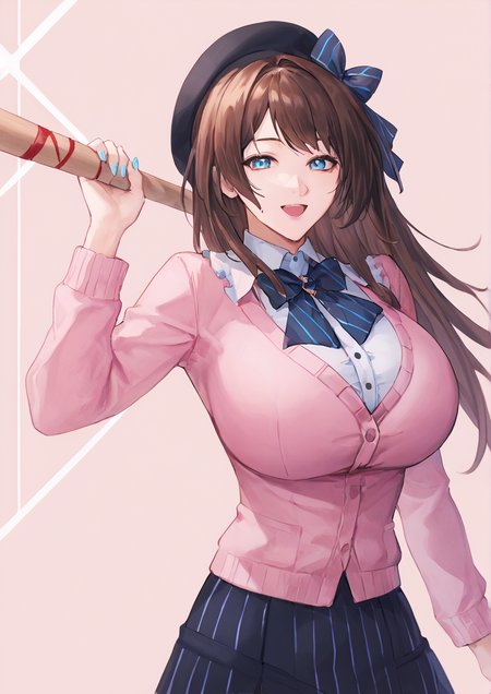 1girl, suzuhara lulu, huge breast, :3, baseball bat, beret, black bow, black bowtie, black headwear, black skirt, blood, blood stain, blue eyes, blue nails, bow, bowtie, brooch, brown hair, cardigan, center frills, frills, hat, hat pin, jewelry, long hair, looking at viewer, open mouth, pink cardigan, signature, skirt, smile, solo, striped, striped bow, striped skirt, vertical-striped skirt, vertical stripes, handfixer,zPDXL3<lora:Breast Slider - Pony_alpha1.0_rank4_noxattn_last:3> <lora:HandFixer_pdxl_Incrs_v1:1>    <lora:RH_OG:1>