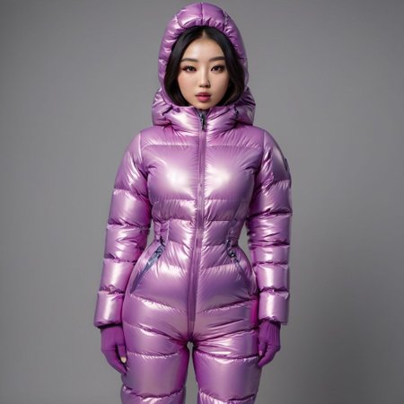 one asian short women wearing a opaque  latex downsuit puffer_downsuit , hyperdetailed photography,4k textures,intricate details,4k resolution,  <lora:puffer_downsuit_v1> Hood over head, restrained, mittens, full body shot