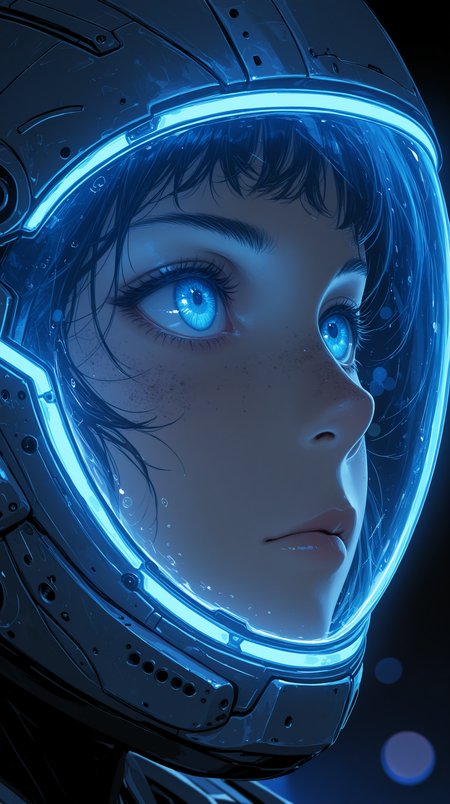 masterpiece, best quality, amazing quality, very aesthetic, absurdres, newest, scenery, anime coloring, 
1girl, solo, close-up, blue eyes, detailed eyes, freckles, glossy_lips, 
exosuit, exoskeleton, visor, futuristic_helmet, science_fiction_armor, neon lights, neon trim,
scifi, space, cyberpunk, technology, futuristic, dark background, reflections, glowing lights, bokeh, blue lighting, high detail, concept art, portrait, cinematic lighting, looking away, looking up, serious, focused