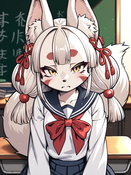 <lora:happy_tentacle-junkohaku-v0.1:0.9>, ht_junkohaku, hair ornament, jingle bell, fox tail, yellow eyes, small breasts, white fur , sad, indoors, classroom, school uniform cowboy shot, 1girl, (petite:1.2), solo focus, (looking at viewer:1.1), , (depth of field:0.8), , score_9, score_8_up, score_7_up, score_6_up, score_5_up, score_4_up