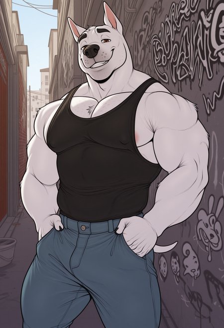 w4rdr4ws, solo, 1boy, male focus, anthro, dog, bull terrier, brown eyes, smirk, looking at viewer, alley, graffiti on wall, pants, muscular, big pecs, tanktop, outdoors, day, three-quarter view,
perfect anatomy, masterpiece, perfect quality, best quality, detailed, newest, very aesthetic <lora:WARDRAWS_Style_V1_ILXL:1.0>