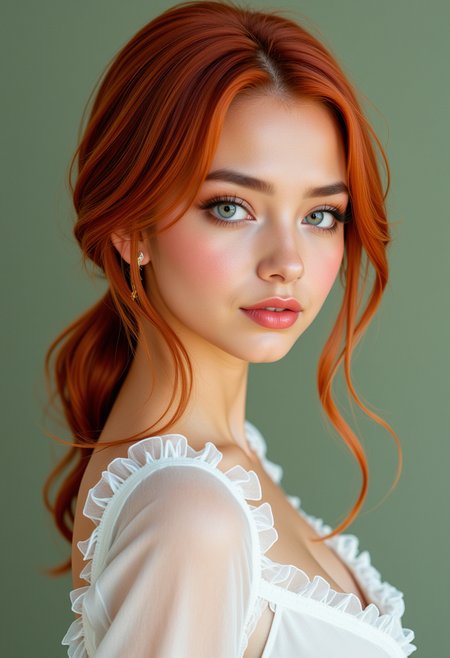 She is approximately 18 years old. Hyperrealism, she is looking at the camera, (dynamic angles), profile headshots of a beautiful, stunning unique female character.  she has red hair. her eyes are filled with joy and excitement, extravagant eyelashes. a photo of Amir@_warrior, she is wearing a white frilly shirt, The woman is posing confidently. simple sage green colored background. She has a slight smile on her face and is looking directly at the camera. making this image a masterpiece of photography and digital art. realistic. making this image a masterpiece of photography and digital art. Style: realistic hyper-detailed rendering, 32k UHD, expressive eyes, punk, graphic design, girl's face, pretty and cute, gleaming lips, telling a tale of adventure. Exuding confidence and serenity. The overall mood of the image is happy and relaxed,detailed skin texture,(blush:0.2),(goosebumps:0.3),subsurface scattering,whimsical,Detailed hand, Perfect hand. Perfection style.