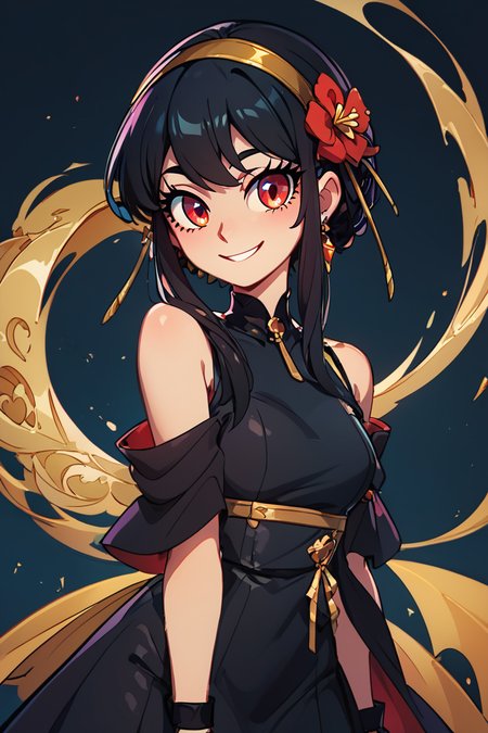 score_9, score_8_up, score_8, medium breasts, (curvy), cute, eyelashes,       BREAK, , BREAK, YorForger, 1girl, black hair, red eyes, short hair with long locks, gold hairband, hair flower, black choker, black dress, sleeveless, off shoulder, floral print, fingerless gloves, <lora:YorForgerXLpony004:0.8>,, <lora:GoldenCAT_Lora_PDXL_v2:0.8>, , BREAK,  smile, looking at viewer, cowboy shot,  embedding:zPDXL, Expressiveh, <lora:SDXLFaeTastic2400:0.5>,  <lora:Expressive_H-000001:0.4>,