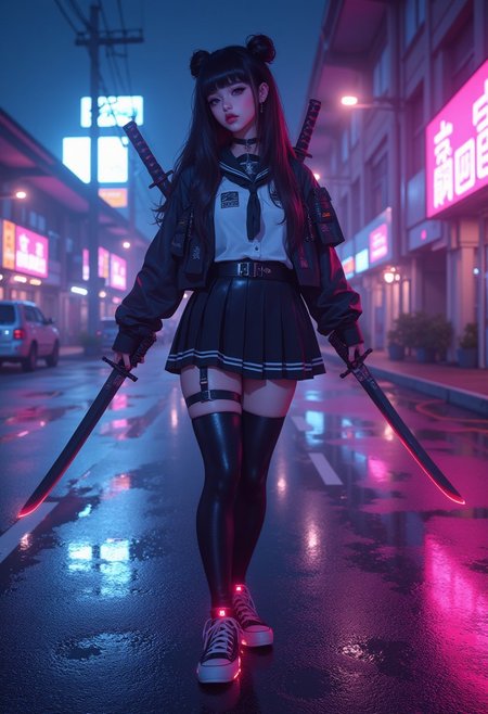 (highly detailed, hyper realistic, 8k, ultra HD, cinematic lighting) A 22-year-old woman with an urban rogue mentality stands in a neon-lit parking lot, embodying the raw energy of a street fighter who thrives in chaos. She wears a black and white Japanese school uniform with a very short skirt, glossy thighs reflecting the neon haze. Thigh-high socks and Converse sneakers with a glowing bottom frame leave faint luminescent trails with every step. Her long hair is styled into double ponytails, framing icy blue eyes and black lipstick, exuding defiance. A mutant with four arms, both pairs equal in size and shape—her main hands are poised in a precise fighting stance, fingers flexed for rapid strikes, while her secondary hands grip the hilts of twin katanas secured on her back, prepared to unsheathe them in an instant. Every limb moves in perfect sync, blending combat and strategy effortlessly. Neon reflections flicker on the damp asphalt as she shifts her weight, a lone warrior navigating the city's underbelly, where strength and instinct dictate survival.