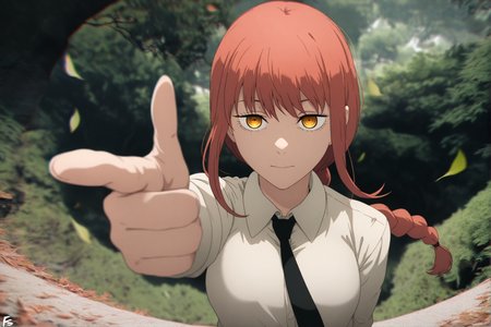 masterpiece,best quality,perspective,fisheye lens,blurry,photo background,finger gun,
1girl,solo,chromatic aberration,messy hair,white shirt,cool girl,pose,good hands,makima \(chainsaw man\),red hair,single braid,yellow eyes,
scenery,outdoors,nature,leaf,wind,masterpiece,best quality,
<lora:Chainsaw man animation style-NOOB05-lokr:0.6>,fs,