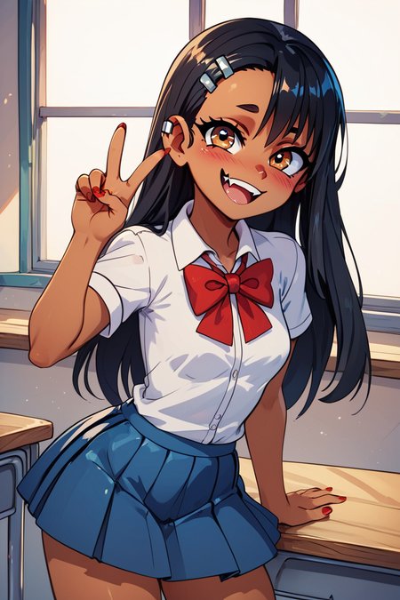 score_9, score_8_up, score_8, medium breasts, (curvy), cute, eyelashes,       BREAK, , BREAK, nagatoro hayase, long hair, bangs, black hair, hair ornament, brown eyes, hairclip, fang, dark skin, dark-skinned female, tan, skirt, shirt, school uniform, white shirt, pleated skirt, nail polish, blue skirt, red nails, earclip, <lora:NagatoroHayasePDXL_v1:0.8>,, <lora:GoldenCAT_Lora_PDXL_v2:0.7>, (v),, BREAK,  smile, looking at viewer, cowboy shot,  embedding:zPDXL, Expressiveh, <lora:SDXLFaeTastic2400:0.5>,  <lora:Expressive_H-000001:0.4>,