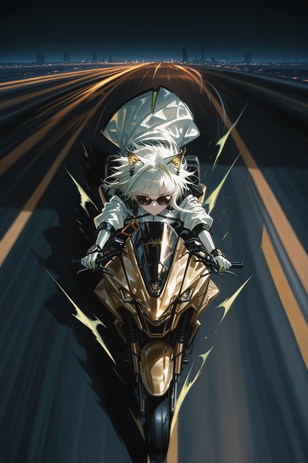 masterpiece, best quality, amazing quality, very aesthetic, absurdres, newest, From Front,symmetry,Perspective, kal'tsit (arknights),solo, (White latex catsuit), driving a motorcycle,Sunglasses, highway,motor vehicle,Golden heavy motorcycle,wind,
powerful gold motorcycle with a fairing, speed, motion blur on the background and wheels, BREAK Lean forward and stick to the motorcycle.
shadowy lighting, cinematic atmosphere,simple City Night background,Dark Theme,Dark blue night,SStrong wind blows up bangs <lora:ponyv4_noob1_2_adamW-000017:0.7000000000000001> <lora:USNR_STYLE_XL_lokr:1>