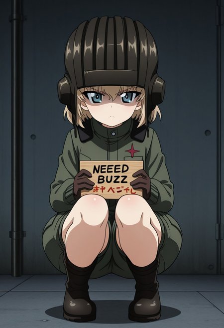 masterpiece,best quality, absurdres, highres,    <lora:katyusha illu:0.9> katyushaillu, long sleeves, pravda military uniform, short jumpsuit, helmet, brown gloves, black boots,  solo, squatting,  girls und panzer, anime screenshot,((need_buzz)), (holding sign with hand), shaded face, sign that says "I NEED BUZZ PLZ!", looking at viewer,