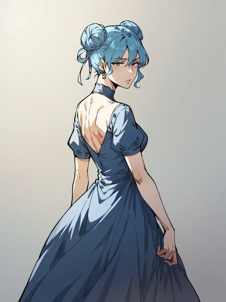 score_9, score_8_up, score_7_up, score_6_up, score_5_up, wthi, 1girl, blue hair, double bun, velvet dress,  <lora:wthiXLP2:0.8>