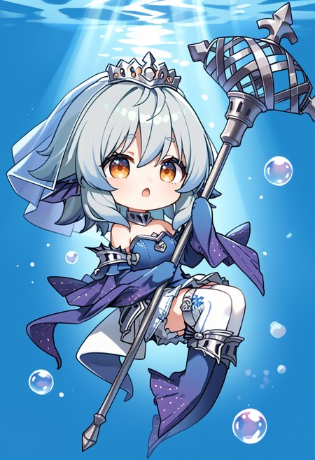 (score_9:0.9),score_8_up,score_7_up,rating_safe,anime style,(zPDXL),(zPDXL3),<lora:Tearlaments Merrli ponyXL v1.1:0.65>,tearlaments merrli, blue dress, silver tiara, blue detached sleeves, mermaid, calf fins, 1girl, solo, blue bridal veil, air bubble, full body, :o, chibi, staff, open mouth, white thighhighs, blue background, underwater