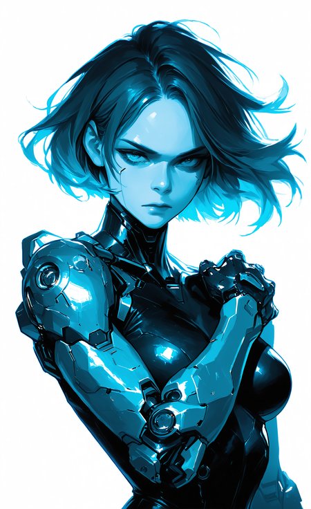 masterpiece, best quality, good quality, very awa, very aesthetic, absurdres, newest, 1girl, solo, looking at viewer, short hair, simple background, white background, closed mouth, medium breasts, upper body, multiple monochrome, parted bangs, lips, floating hair, bodysuit, skin tight, science fiction, serious, nose, realistic, mechanical arms, cyborg, single mechanical arm, cyberpunk, hand on own shoulder, hkmecha <lora:ponyv6_noobV1_2_adamW-000017:0.7> <lora:748cmSDXL:0.4> <lora:GBF_Illustrious:0.3> <lora:MechaKnightsIL:0.7>