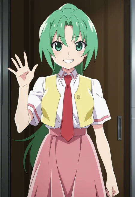 anime screencap, anime coloring, detailed face, perfect fingers, masterpiece, best quality, very aesthetic, absurdres, volumetric lighting,
 <lora:Mion_Sonozaki_Higurashi_When_They_Cry_-_Gou_and_Sotsu:1>
Mion school uniform (outfit), Mion Sonozaki (character), 1girl, long skirt, necktie, solo, sonozaki mion, skirt, green hair, long hair, yellow vest, red necktie, green eyes, shirt, pink skirt, ponytail, white shirt, cowboy shot, looking at the viewer, grin, open mouth, waving to the viewer, defined fingers