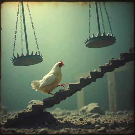 (analog grainy film still taken on polaroid film, vhs footage low quality, Analog distortion effect, Retro video quality) 

A brave chicken cautiously steps along a narrow, wobbly perch, its tiny feet balancing precariously. Surrounding it are gigantic, spiked pendulums swinging ominously, each arc threatening to crush anything in their path. Below, sharp spikes jut out from the ground, glinting in the light, creating a lethal trap for any misstep. The atmosphere is tense, filled with the chilling sound of creaking metal as the pendulums sway dangerously close, heightening the sense of imminent peril for the unsuspecting chicken.

(analog grainy film still taken on polaroid film, vhs footage low quality, Analog distortion effect, Retro video quality) 